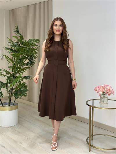 Atlas Kumaş Kemerli Sıfır Yaka Elbise Kahve