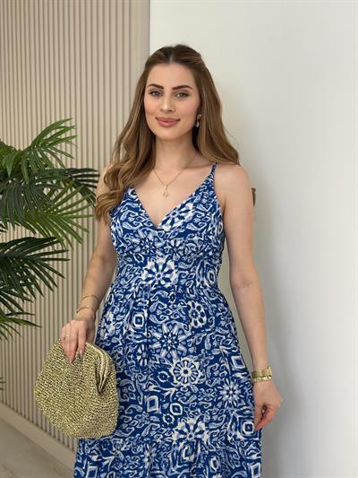 Ayarlanabilir Askılı Sırtı Gipeli Viskon Elbise Mavi