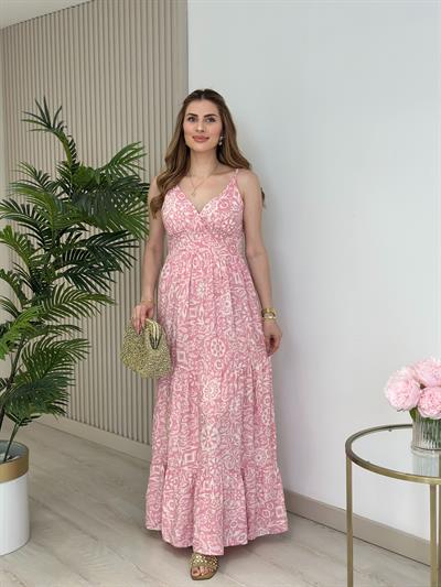 Ayarlanabilir Askılı Sırtı Gipeli Viskon Elbise Pembe