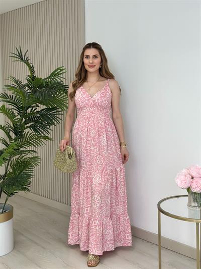 Ayarlanabilir Askılı Sırtı Gipeli Viskon Elbise Pembe