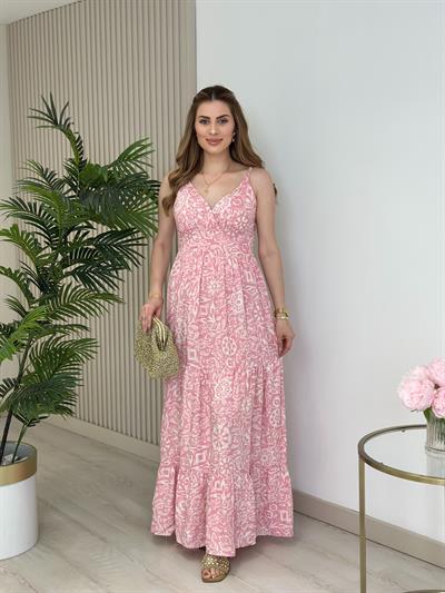 Ayarlanabilir Askılı Sırtı Gipeli Viskon Elbise Pembe