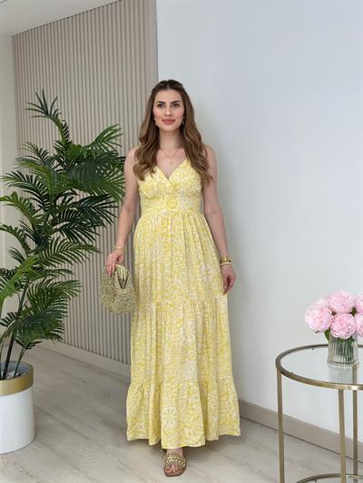 Ayarlanabilir Askılı Sırtı Gipeli Viskon Elbise Sarı