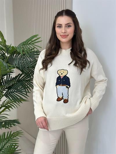 Ayıcık İşlemeli Yumoş Kazak Krem