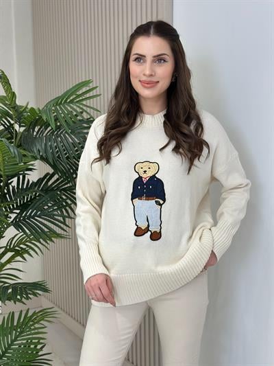 Ayıcık İşlemeli Yumoş Kazak Krem