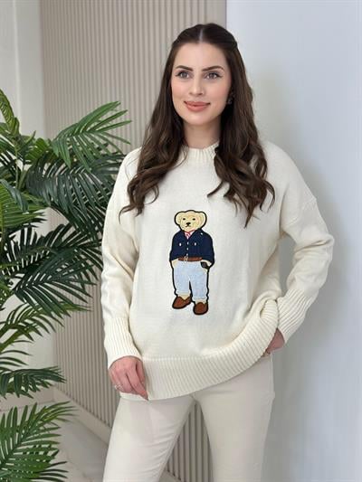 Ayıcık İşlemeli Yumoş Kazak Krem