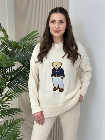 Ayıcık İşlemeli Yumoş Kazak Krem