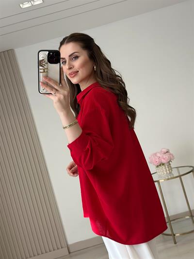Ayrobin Kumaş Geniş Kalıp Gömlek Kırmızı
