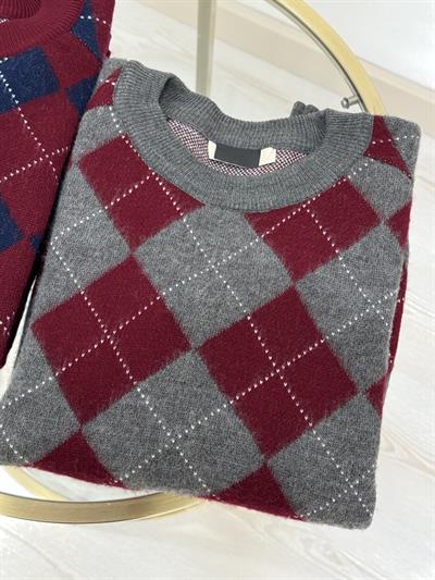 Baklava Desen Gri Bordo Kazak 