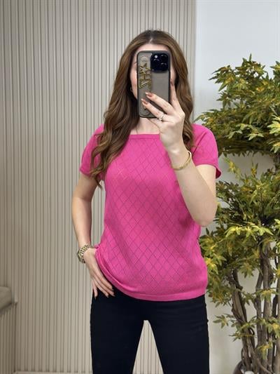 Baklava Desen Kısa Kollu Merserize Bluz Fuşya