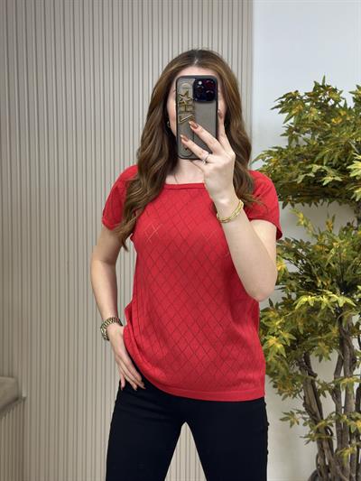 Baklava Desen Kısa Kollu Merserize Bluz Kırmızı