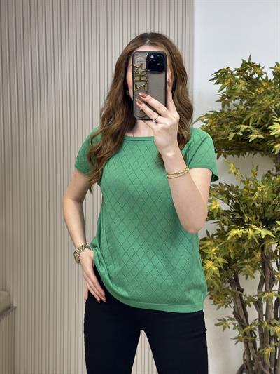 Baklava Desen Kısa Kollu Merserize Bluz Yeşil