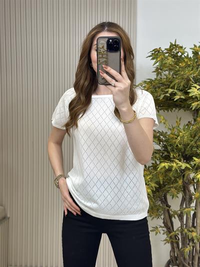 Baklava Desen Kısa Kollu Merserize Bluz Beyaz