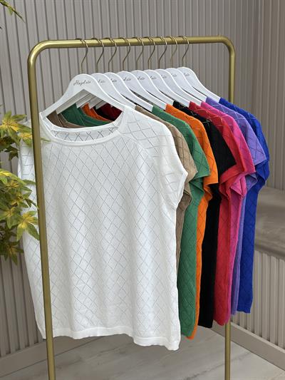 Baklava Desen Kısa Kollu Merserize Bluz Siyah