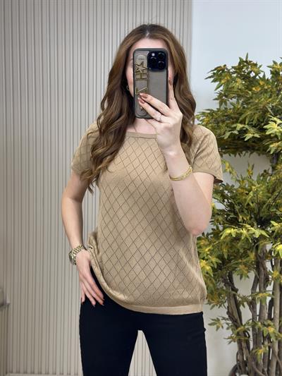 Baklava Desen Kısa Kollu Merserize Bluz Toprak