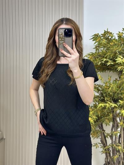 Baklava Desen Kısa Kollu Merserize Bluz Siyah