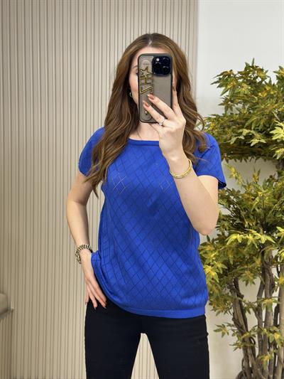 Baklava Desen Kısa Kollu Merserize Bluz Mavi