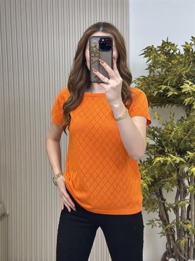 Baklava Desen Kısa Kollu Merserize Bluz Turuncu
