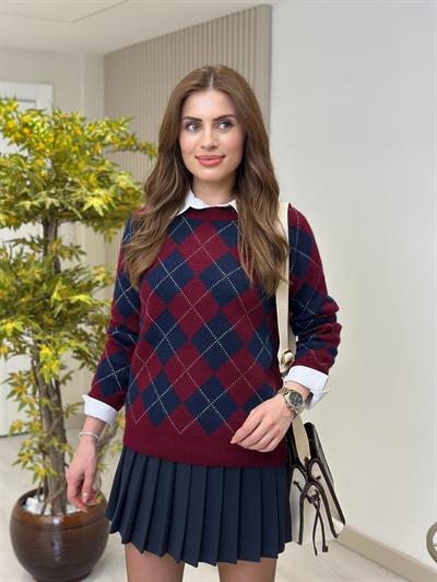 Baklava Desen Lacivert Bordo Kazak 