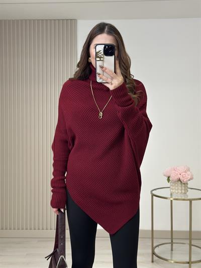 Balıkçı Yaka Asimetrik Yarasa Kol Kazak Bordo