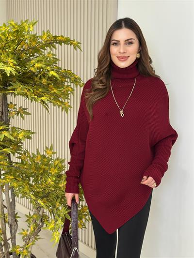 Balıkçı Yaka Asimetrik Yarasa Kol Kazak Bordo