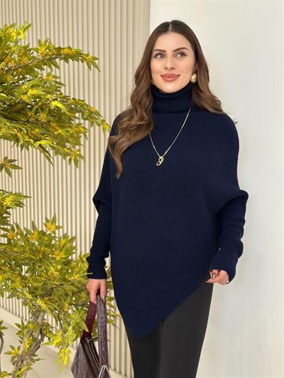 Balıkçı Yaka Asimetrik Yarasa Kol Kazak Lacivert