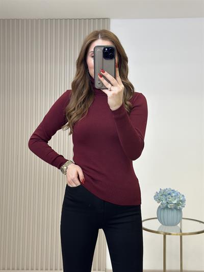 Balıkçı Yaka Likralı Basıc Triko Bordo