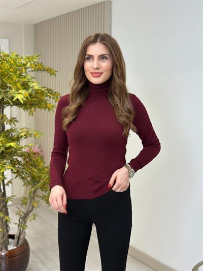 Balıkçı Yaka Likralı Basıc Triko Bordo