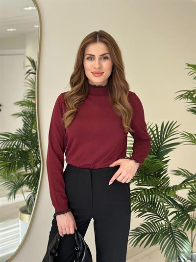 Balıkçı Yaka Yakası Ve Kol Ağzı Simli Premium Kalite Merserize Bordo