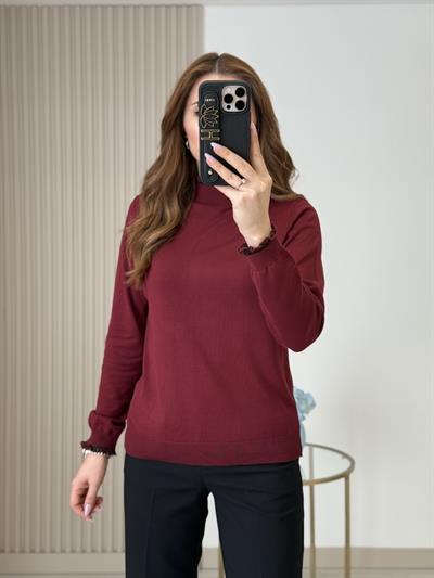 Balıkçı Yaka Yakası Ve Kol Ağzı Simli Premium Kalite Merserize Bordo