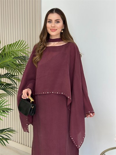 Bambu Kumaş Pelerin Elbise Takım Bordo