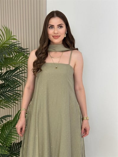 Bambu Kumaş Taşlı Şal Detaylı Elbise Yağ Yeşili