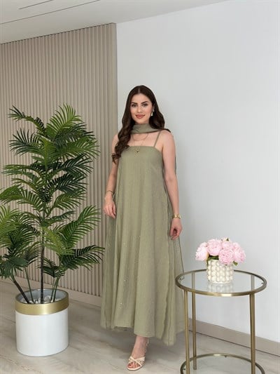 Bambu Kumaş Taşlı Şal Detaylı Elbise Yağ Yeşili