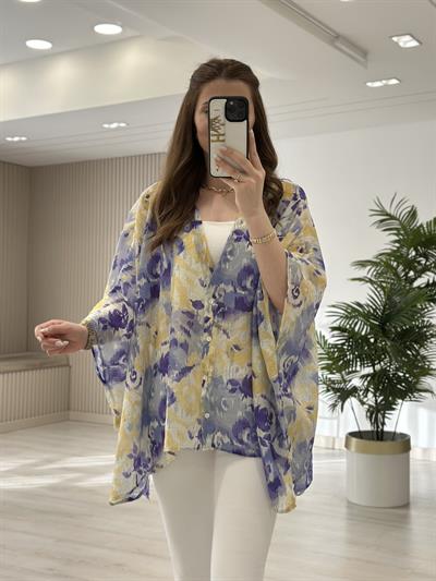 Bambu Mavi Sarı Desenli Kimono 