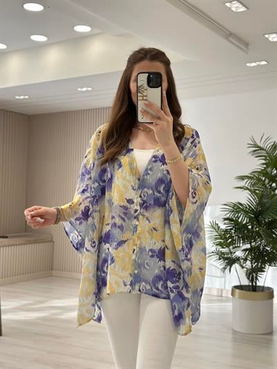 Bambu Mavi Sarı Desenli Kimono 