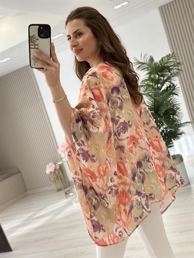 Bambu Mor Pembe Desenli Kimono 