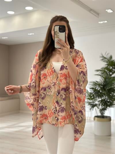 Bambu Mor Pembe Desenli Kimono 