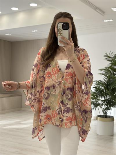 Bambu Mor Pembe Desenli Kimono 