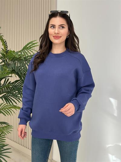 Basıc Sıfır Yaka Sweatshirt İndigo