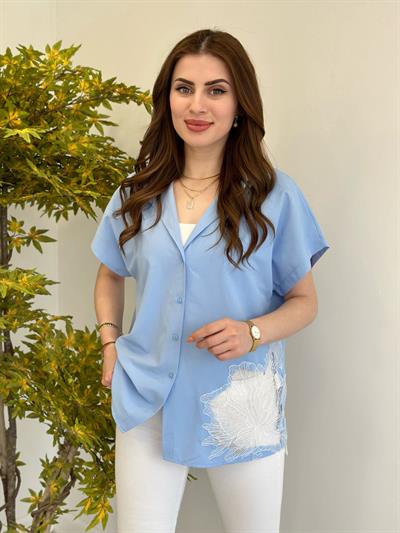 Bebe Mavi Güpür Detaylı Poplin Gömlek