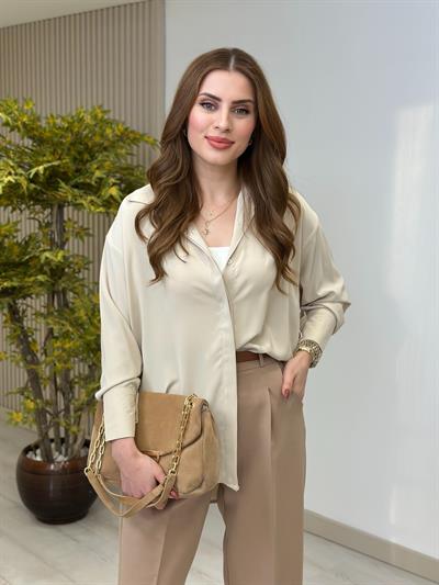 Bej Oversıze İpek Krep Gömlek