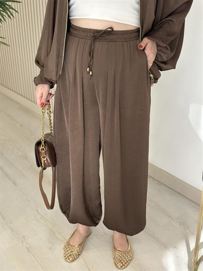 Bel Bağcıklı Saten Tasarım Pantolon Kahve