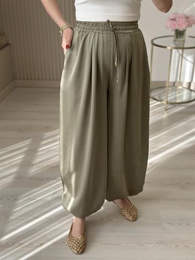 Bel Bağcıklı Saten Tasarım Pantolon Haki