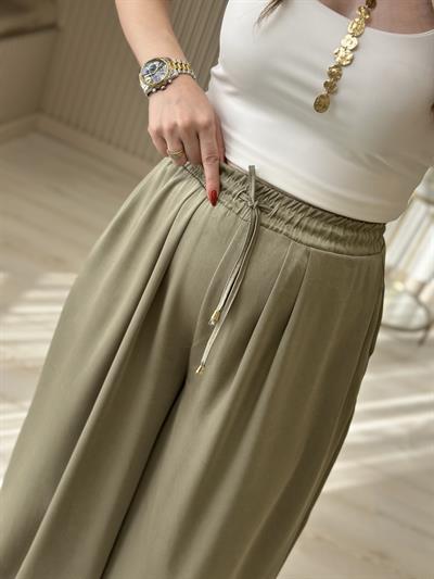 Bel Bağcıklı Saten Tasarım Pantolon Haki
