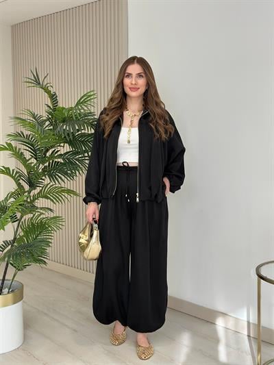 Bel Bağcıklı Saten Tasarım Pantolon Siyah