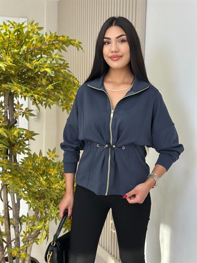 Bel Büzgü Detaylı Gold Fermuarlı Modal Ceket Lacivert