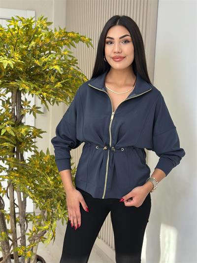 Bel Büzgü Detaylı Gold Fermuarlı Modal Ceket Lacivert