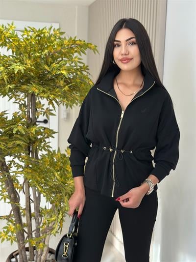 Bel Büzgü Detaylı Gold Fermuarlı Modal Ceket Siyah