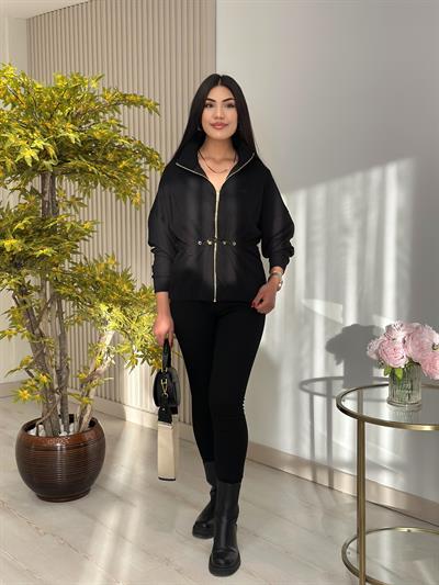 Bel Büzgü Detaylı Gold Fermuarlı Modal Ceket Siyah