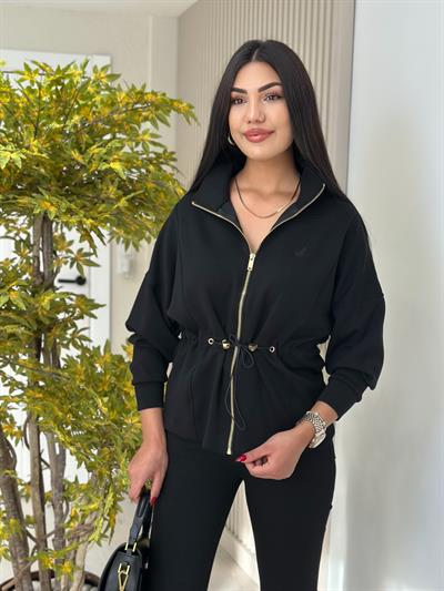 Bel Büzgü Detaylı Gold Fermuarlı Modal Ceket Siyah