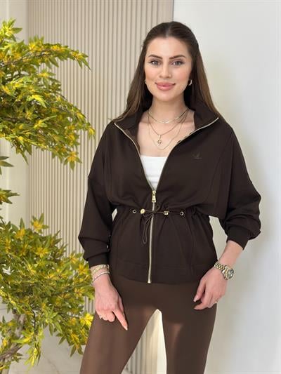 Bel Büzgü Detaylı Gold Fermuarlı Modal Ceket Kahve